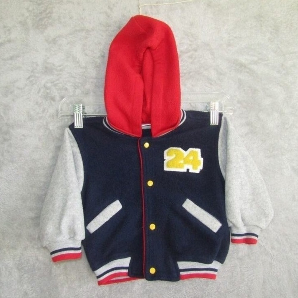 Vintage Baby Kisses Varsity Jacket 24 Patch Hooded Fleece Boys 18M Blue Red